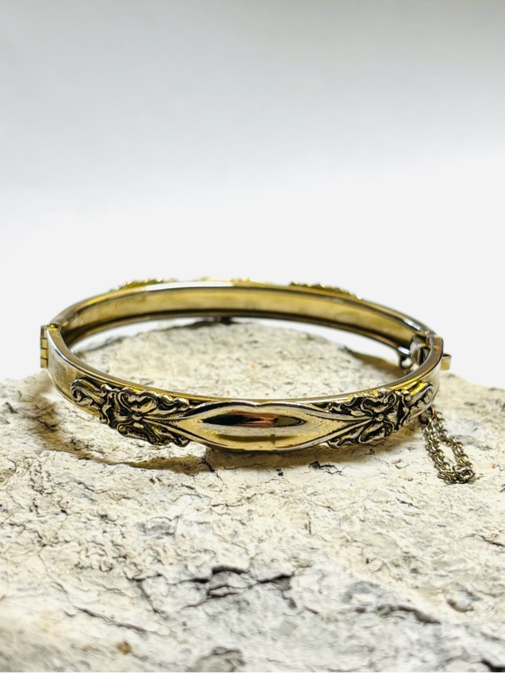 Whiting & Davis Gold Floral Engraved Bangle Bracelet